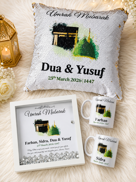 Personalised Umrah Mubarak gifts including frames, mugs and cushions