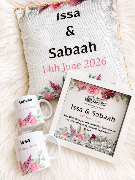 Personalised wedding gifts including frames, mugs and cushions