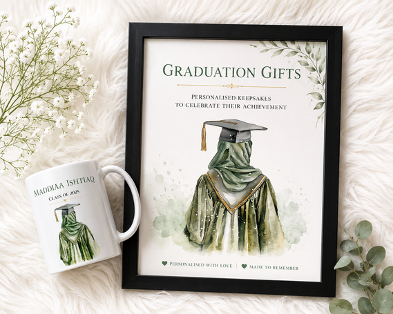 Personalised graduation gifts including custom frame and mug